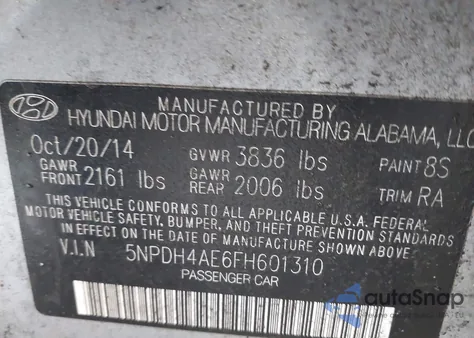 2015 Hyundai Elantra Se from USA, damaged, VIN 5NPDH4AE6FH601310